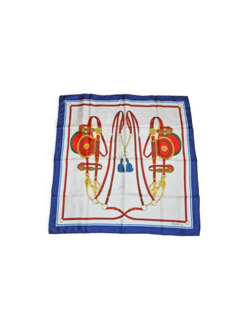 Celine Scarf Vintage Carre 90 Horse Tackle Navy White Red